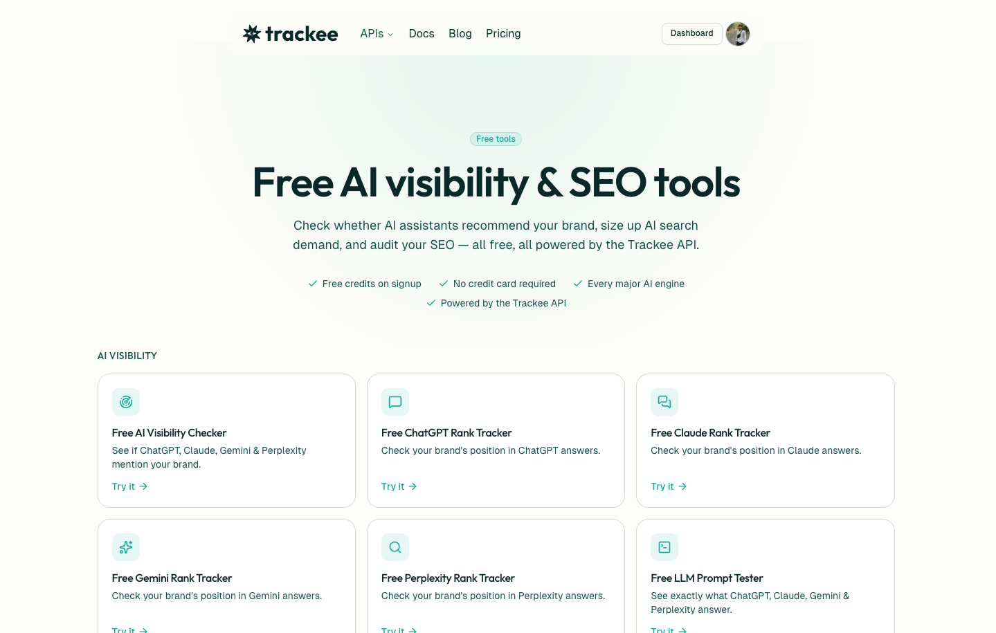 Trackee's free AI visibility and SEO tools
