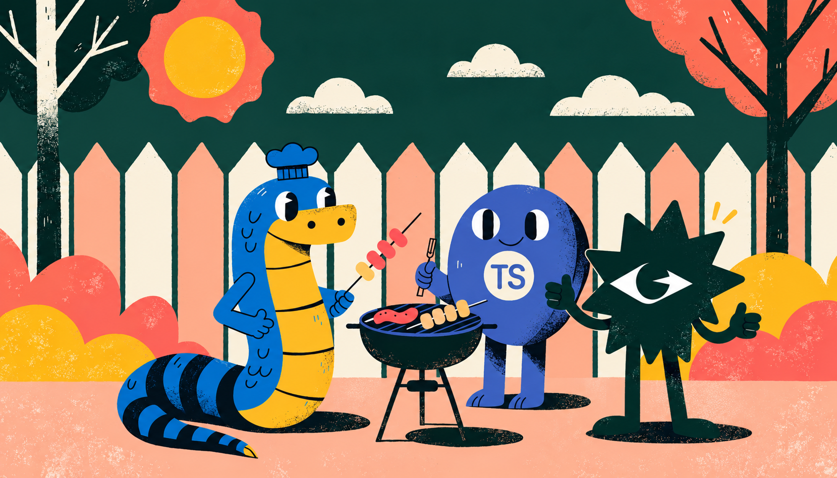 Python, TypeScript, and Trackee characters gathered around a barbecue