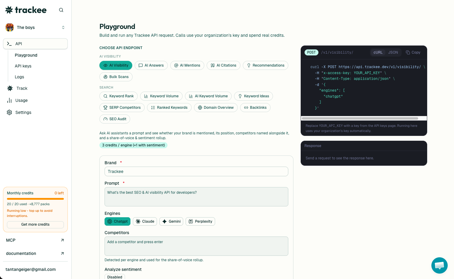 Running a request in the Trackee API playground